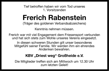 Traueranzeige von Frerich Rabenstein von Ostfriesischer Kurier