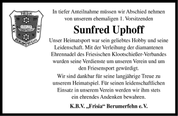 Traueranzeige von Sunfred Uphoff von Ostfriesischer Kurier