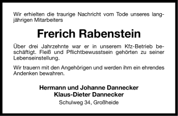 Traueranzeige von Frerich Rabenstein von Ostfriesischer Kurier
