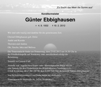 Traueranzeige von Günter Ebbighausen von Ostfriesischer Kurier