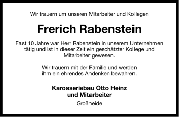 Traueranzeige von Frerich Rabenstein von Ostfriesischer Kurier