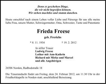 Traueranzeige von Frieda Freese von Ostfriesischer Kurier