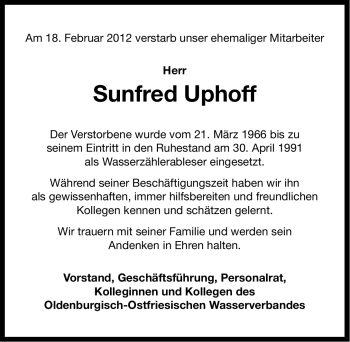 Traueranzeige von Sunfred Uphoff von Ostfriesischer Kurier