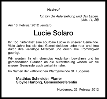 Traueranzeige von Lucie Solaro von Ostfriesischer Kurier