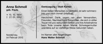 Traueranzeige von Anna Schmoll von Ostfriesischer Kurier