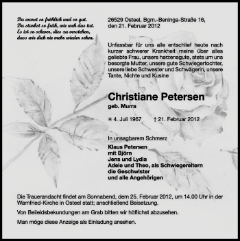 Traueranzeige von Christiane Petersen von Ostfriesischer Kurier