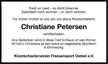 Traueranzeige von Christiane Petersen von Ostfriesischer Kurier