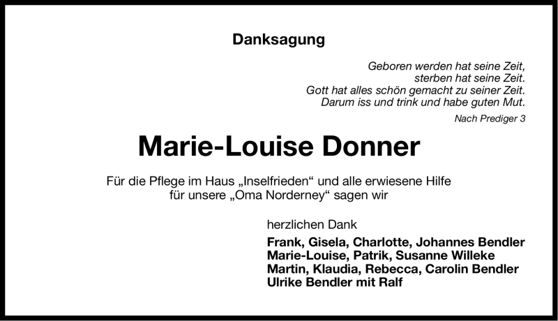  Traueranzeige für Marie-Louise Donner vom 25.02.2012 aus Ostfriesischer Kurier