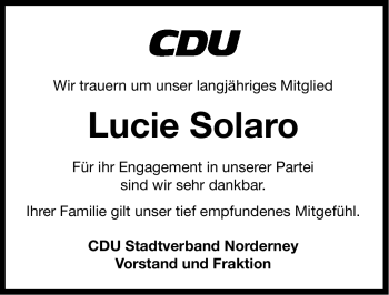 Traueranzeige von Lucie Solaro von Ostfriesischer Kurier