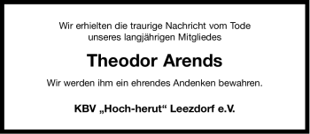 Traueranzeige von Theodor Arends von Ostfriesischer Kurier