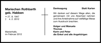 Traueranzeige von Mariechen Rothbarth von Ostfriesischer Kurier