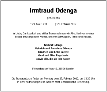 Traueranzeige von Irmtraud Odenga von Ostfriesischer Kurier