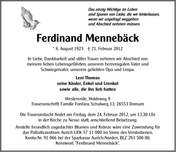 Traueranzeige von Ferdinand Mennebäck von Ostfriesischer Kurier