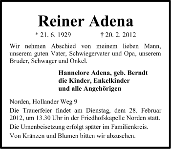 Traueranzeige von Reiner Adena von Ostfriesischer Kurier