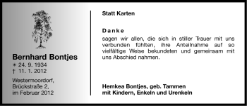 Traueranzeige von Bernhard Bontjes von Ostfriesischer Kurier