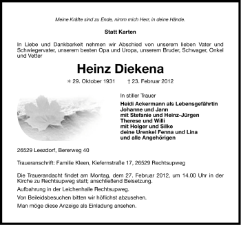 Traueranzeige von Heinz Diekena von Ostfriesischer Kurier