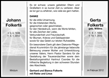 Traueranzeige von Johann und Gerda Folkerts von Ostfriesischer Kurier