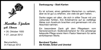 Traueranzeige von Martha Tjaden von Ostfriesischer Kurier