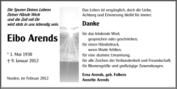 Traueranzeige von Eibo Arends von Ostfriesischer Kurier