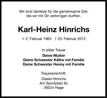 Traueranzeige von Karl-Heinz Hinrichs von Ostfriesischer Kurier