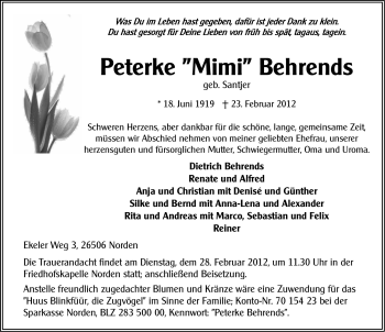 Traueranzeige von Peterke Behrends von Ostfriesischer Kurier