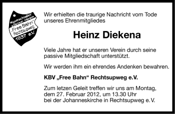 Traueranzeige von Heinz Diekena von Ostfriesischer Kurier