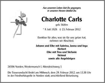 Traueranzeige von Charlotte Carls von Ostfriesischer Kurier