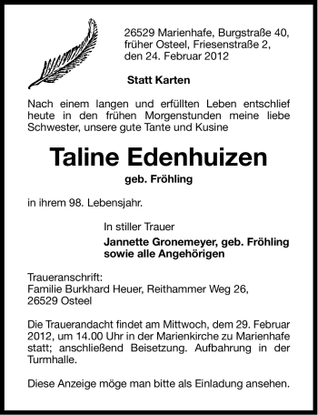 Traueranzeige von Taline Edenhuizen von Ostfriesischer Kurier