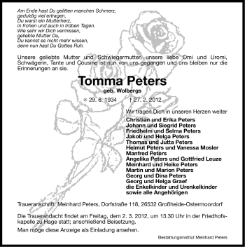 Traueranzeige von Tomma Peters von Ostfriesischer Kurier