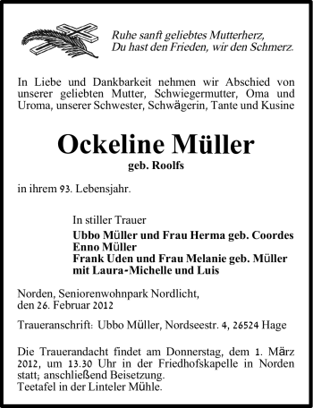 Traueranzeige von Ockeline Müller von Ostfriesischer Kurier