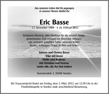 Traueranzeige von Eric Basse von Ostfriesischer Kurier