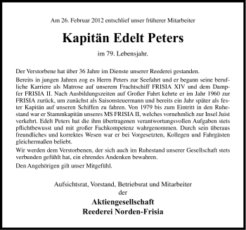 Traueranzeige von Edelt Peters von Ostfriesischer Kurier