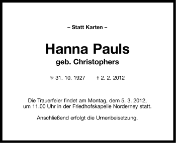 Traueranzeige von Hanna Pauls von Ostfriesischer Kurier