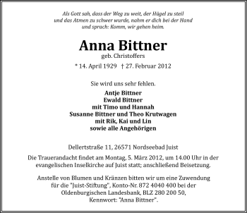 Traueranzeige von Anna Bittner von Ostfriesischer Kurier