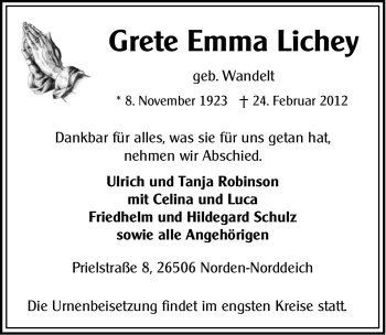 Traueranzeige von Grete Emma Lichey von Ostfriesischer Kurier