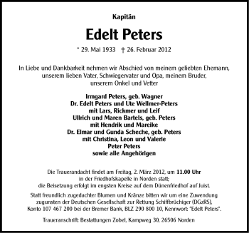 Traueranzeige von Edelt Peters von Ostfriesischer Kurier