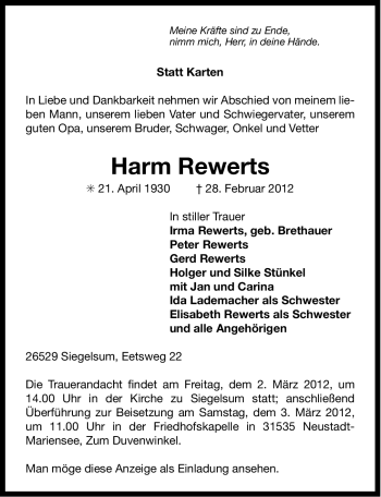 Traueranzeige von Harm Rewerts von Ostfriesischer Kurier