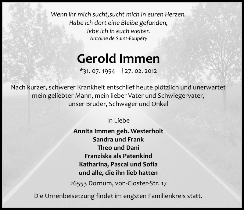  Traueranzeige für Gerold Immen vom 29.02.2012 aus Ostfriesischer Kurier