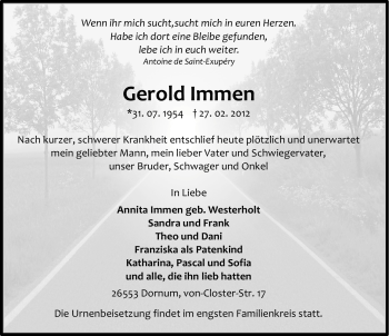 Traueranzeige von Gerold Immen von Ostfriesischer Kurier