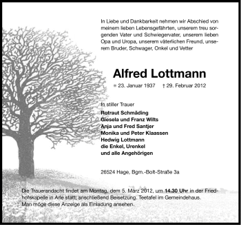 Traueranzeige von Alfred Lottmann von Ostfriesischer Kurier