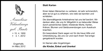 Traueranzeige von Anneliese Vehnekamp von Ostfriesischer Kurier