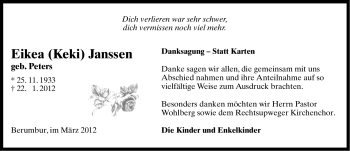 Traueranzeige von Eikea (Keki) Janssen von Ostfriesischer Kurier