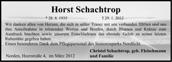 Traueranzeige von Horst Schachtrop von Ostfriesischer Kurier