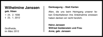 Traueranzeige von Wilhelmine Janssen von Ostfriesischer Kurier