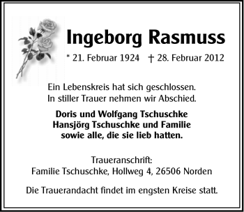 Traueranzeige von Ingeborg Rasmuss von Ostfriesischer Kurier