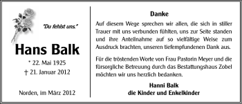 Traueranzeige von Hans Balk von Ostfriesischer Kurier