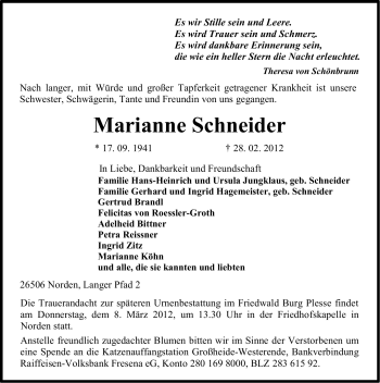 Traueranzeige von Marianne Schneider von Ostfriesischer Kurier