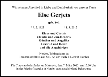 Traueranzeige von Else Gerjets von Ostfriesischer Kurier