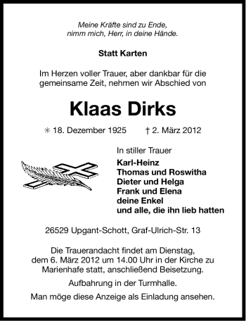 Traueranzeige von Klaas Dirks von Ostfriesischer Kurier