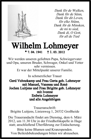 Traueranzeige von Wilhelm Lohmeyer von Ostfriesischer Kurier